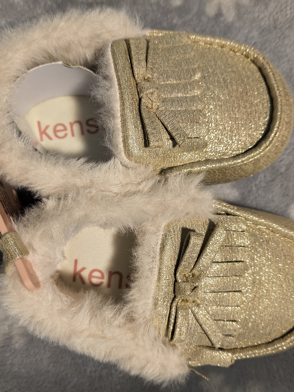 Kensie Kids Gold Glitter Faux-Fur Moccasin Slip-Ons